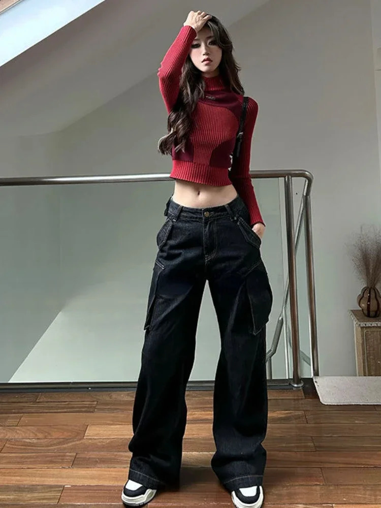 Y2k Aesthetic Contrast Color Casual Knitted Sweater Women Half High Collar Long Sleeve Crop Pullover Harajuku Sweet Sueter Mujer 240812
