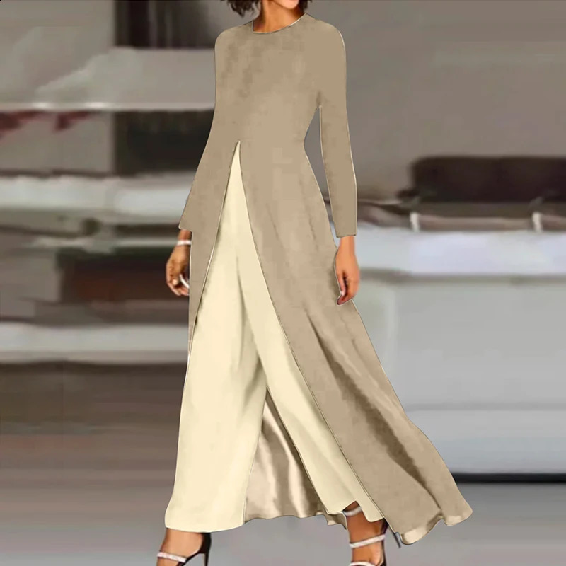 Casual Floral Loose H-Line Two-Piece Set Sexy High Slit Round Neck T-Shirt Solid Color Pants Outfits Spring Crew Neck Women Suit 240813