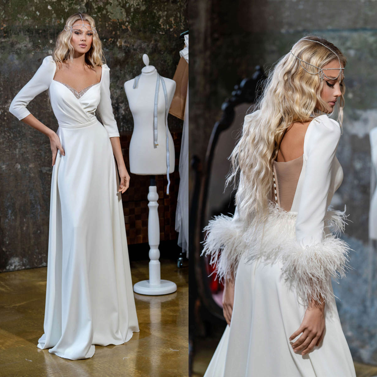 Unique A Line Wedding Dresses Sequins Detachable Feather Three Quarter Bridal Gown Pleats Satin Bride Dresses Castle Garden