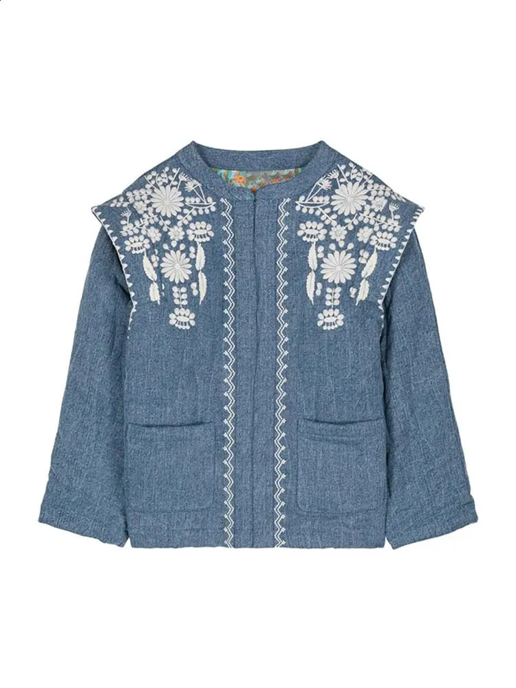 Warm print blue pocket cotton jacket for womens fashion round neck long sleeved casual clothing 240808