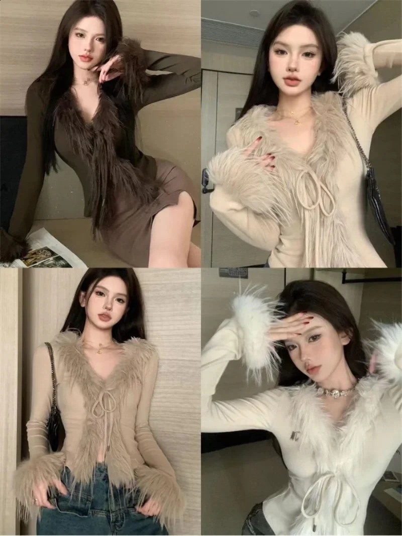 Solid Color Fur Knitted V-neck Tie Cardigan Women Clothes Cropped Fashion Y2k Tops Korean Atmosphere Slim Fit T-shirt 240813