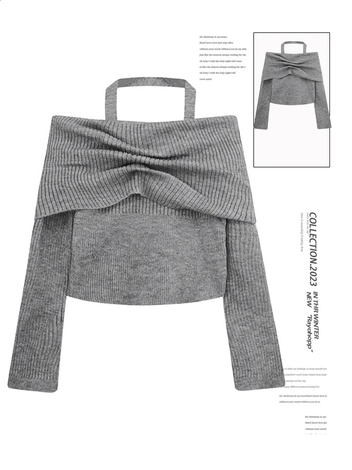 Womens Grey Vintage Pullover Knit Sweater Y2k Aesthetic Harajuku Elegant Long Sleeves Slash Neck Sweaters Fashion 2000s Clothes 240812