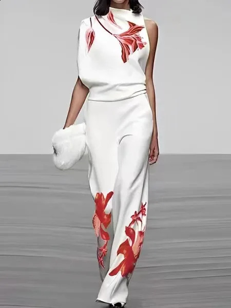 Fashion Street Print Two Piece Set For Women Spring Summer Sleeveless Top And Pants Outfits Office Elegant Autumn Suits 240813