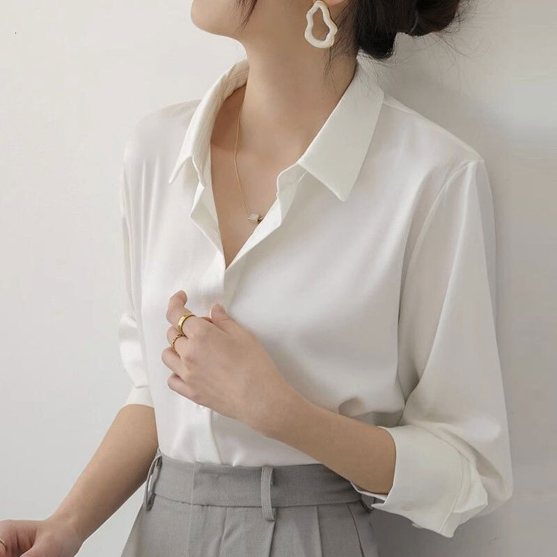 French white for women 2024 spring and autumn new wrinkle resistant satin shirt temperament long sleeved chiffon interior