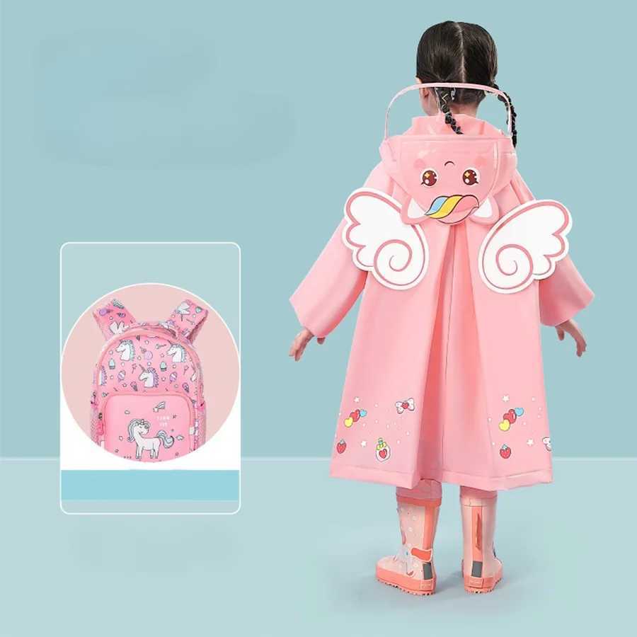 A boy girl casual cute unicorn print waterproof hooded raincoat long sleeve zipper hooded poncho childrens raincoat outdoor Y240810