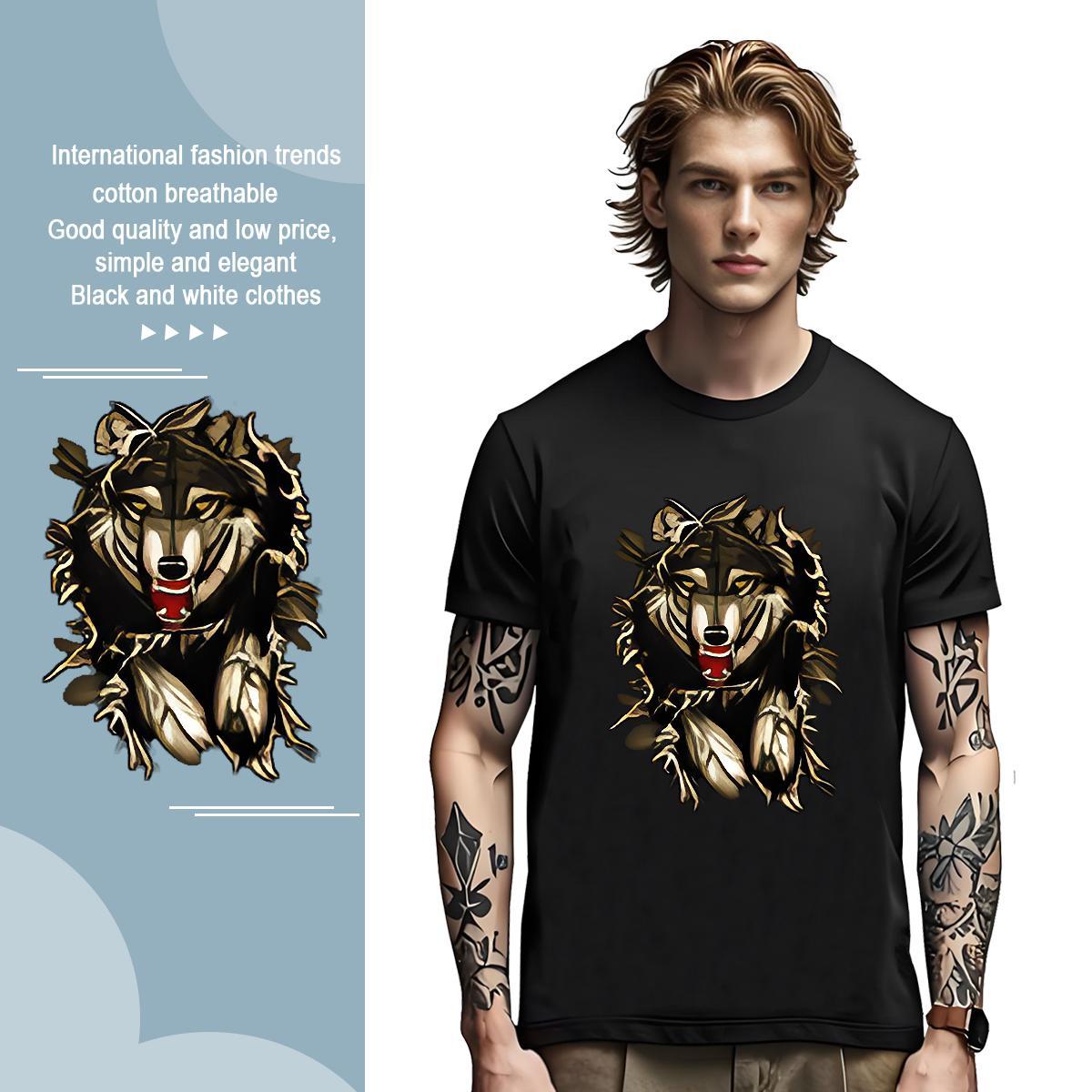 Wholesale wolf T Shirt For Man Daily Wear Tshirts 230g Cotton Fashion Design Breathable Short Sleeve Cartoon Print Tee Shirt