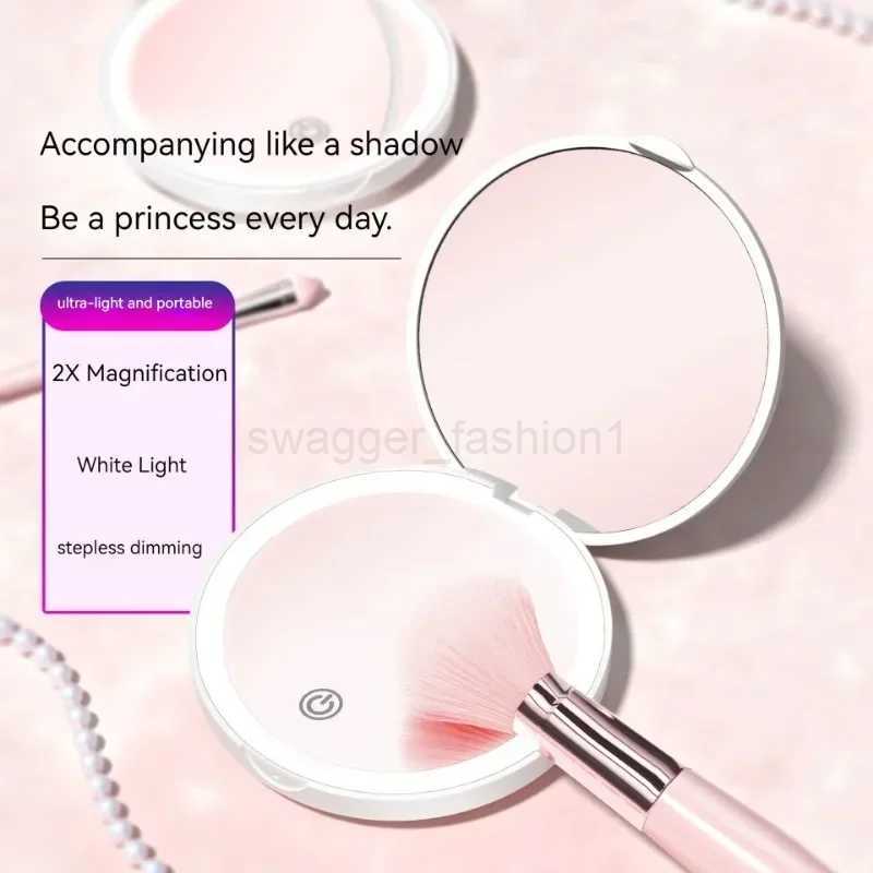Mini LED Luminous Makeup Mirror Round Portable Foldable Small Compact Mirror with Light USB Handheld Makeup Magnifying MirrorsXJ240813