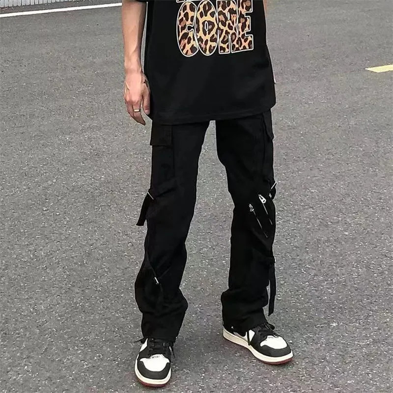 Techwear Mens Y2K Street Clothing Black Cotton Zipper Product Pants Multi Pocket Dance Casual Trousers Retro 240812
