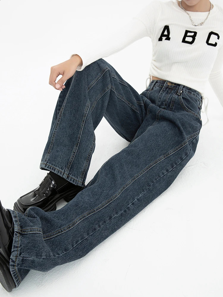 Dark Blue Womens Jeans High Waist Vintage Straight Baggy Denim Pants Streetwear American Style Fashion Wide Leg Denim Trouser 240812