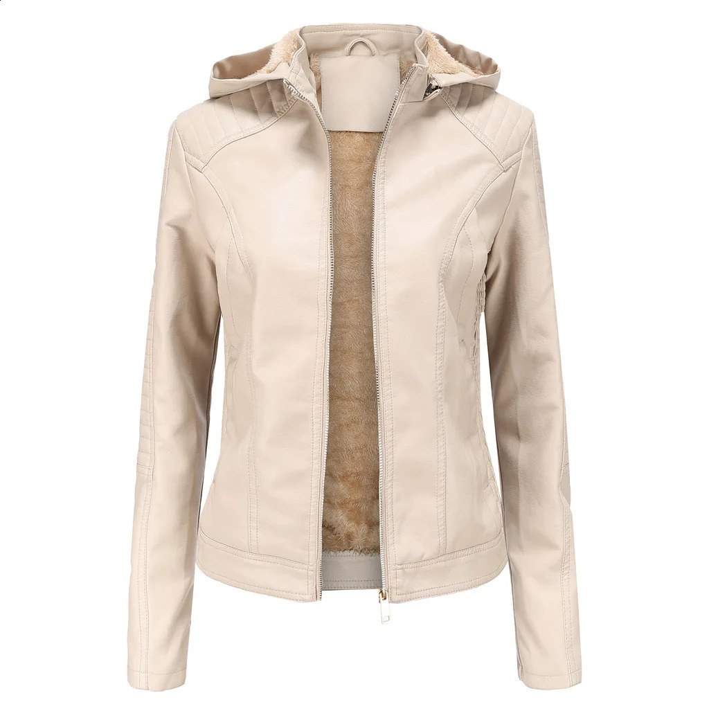 Leather jacket womens wool hooded warm street style comfortable jacket autumn and winter casual fashion slim fit jacket 240827