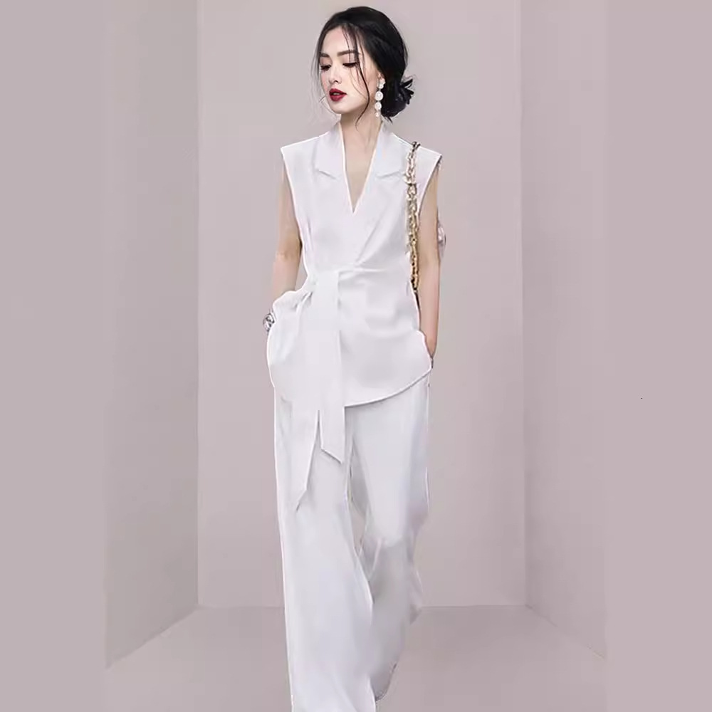 White Professional Suit Two-piece Set for Summer Light and Mature Style Elegant and Elegant Slim Fit Sleeveless Suit for Women 1462