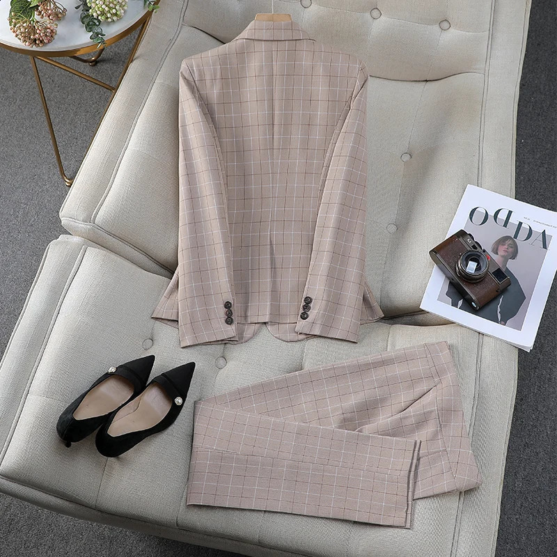 SpringAutumn Vintage Plain Elegant Jacket and High Waist Wide Leg Pants Two Piece Womens Set Business Clothes 240812