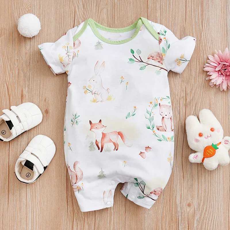 Green fox print newborn baby clothing 0-18 months comfortable wearing high-quality summer short sleeved jumpsuit W240812