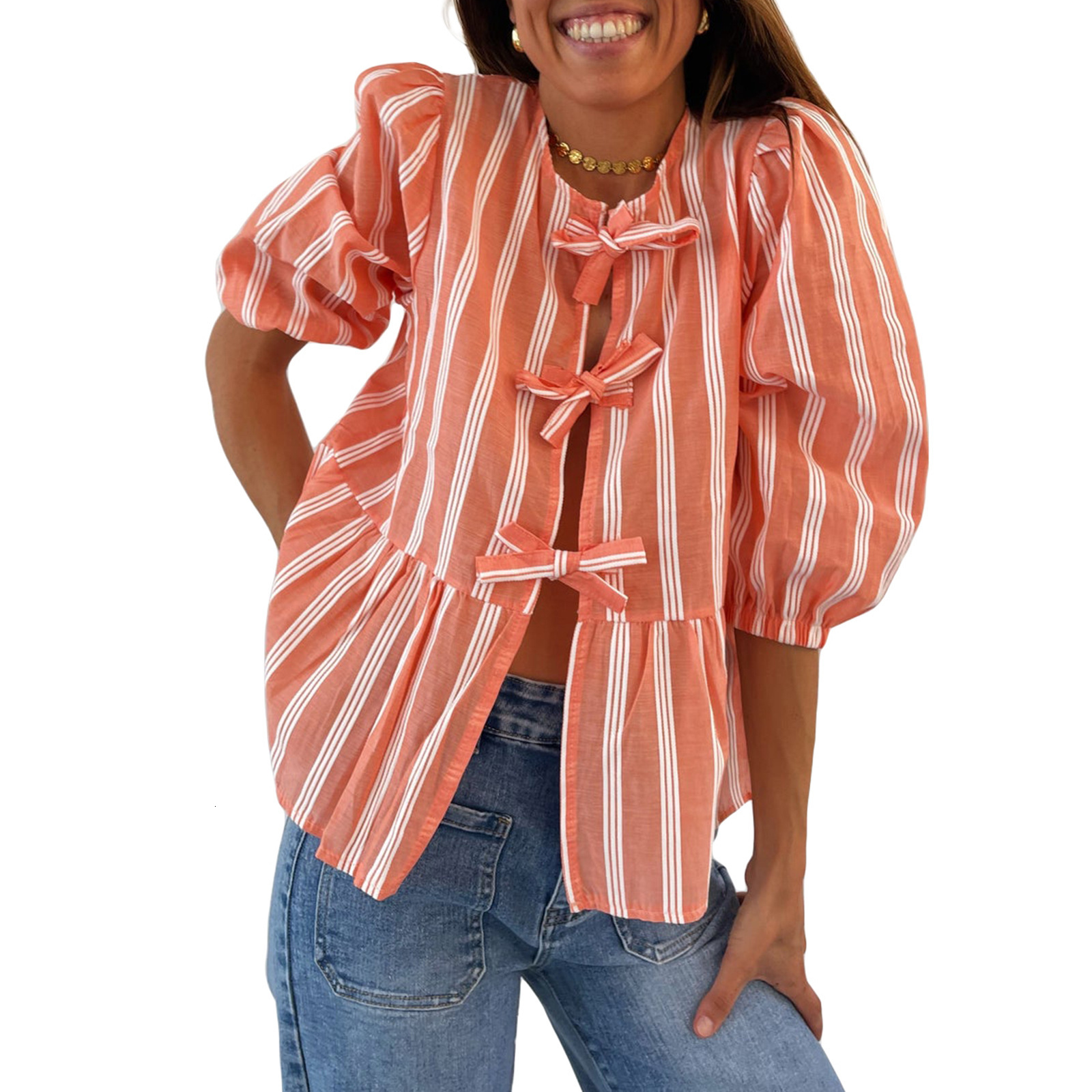 Women s Cute Tie Front Blouse 3 4 Sleeve Striped Peplum Tops