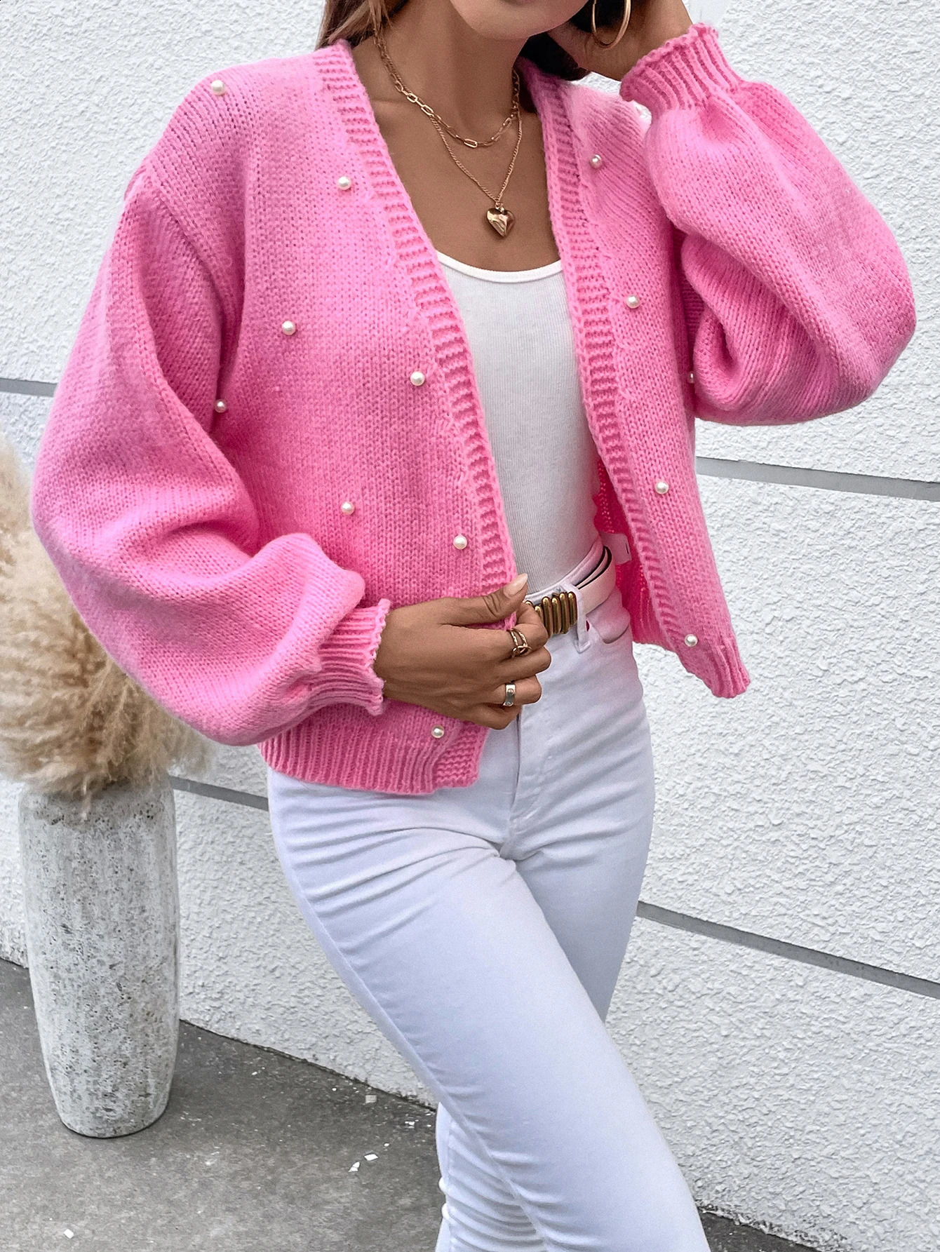 Beaded Open Front Knit Cardigan Elegant Long Sleeve For Spring Fall Womens Clothing 240812