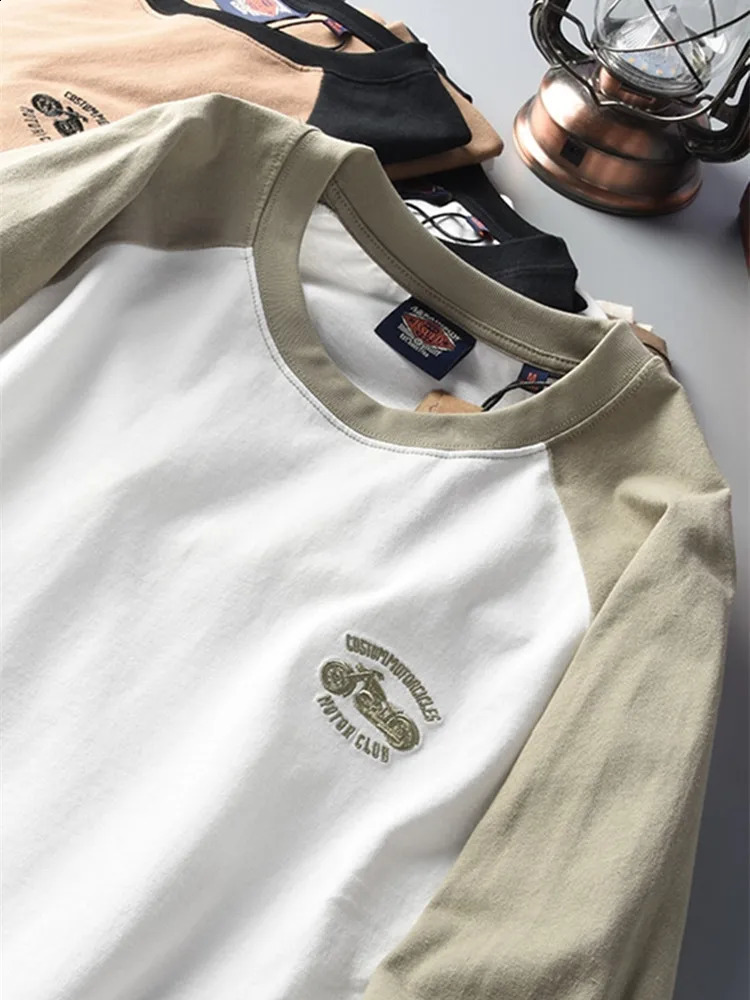 American Retro Long Sleeve O-neck Contrast Splicing Embroidery T-shirt Mens Fashion 100% Cotton Washed Old Casual Sport Tops 240812