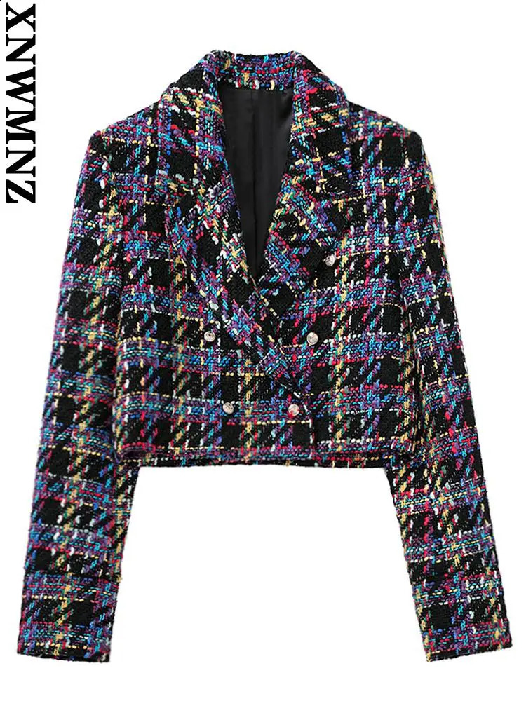XNWMNZ womens jacket fashion double-breasted tweed cropped blazer vintage long sleeve female outerwear chic veste femme 240812