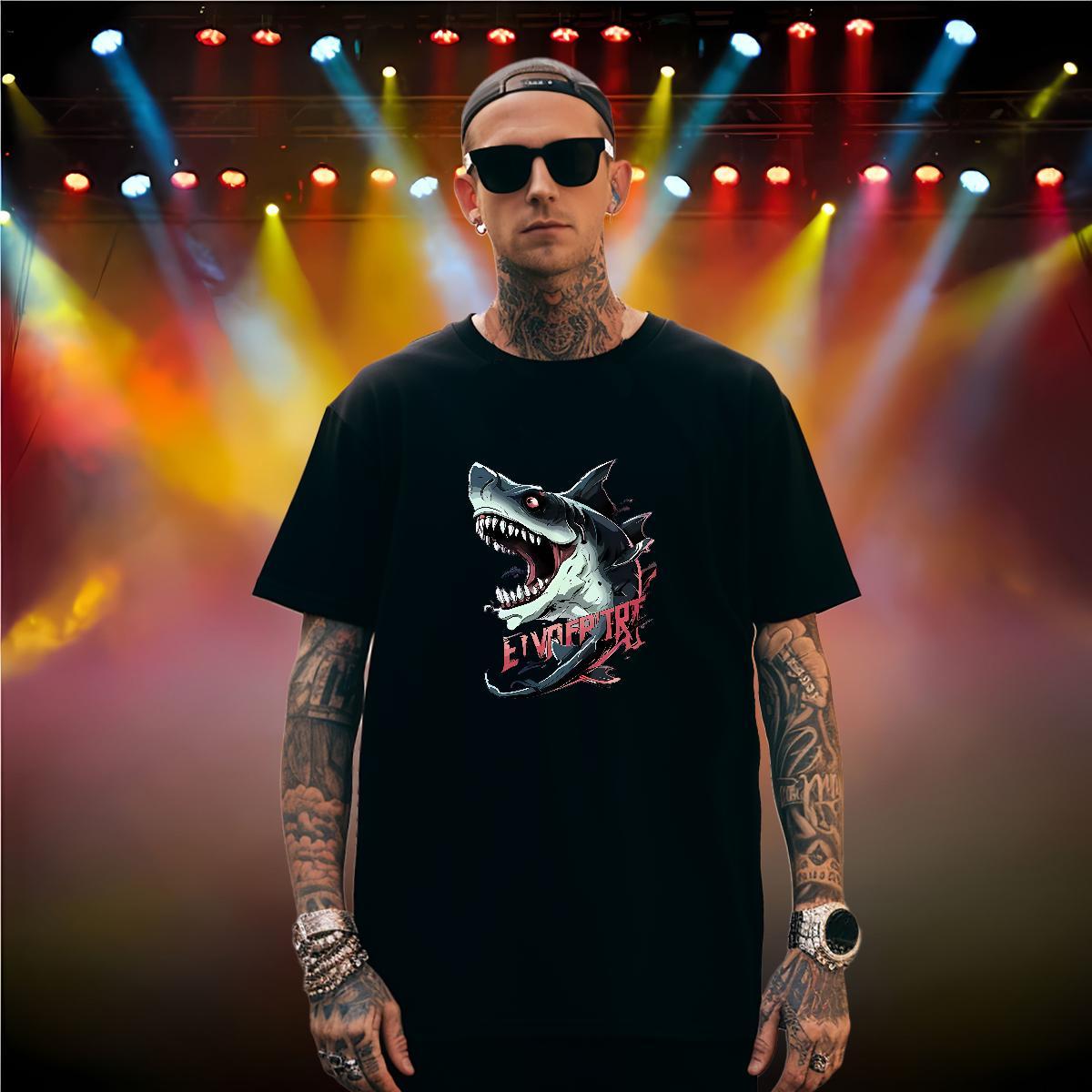 Loose Fit Mens T Shirts shark Round Neck Short Sleeve Casual Asian Size 230g 100% Cotton Men Tops Tees Custom Clothings