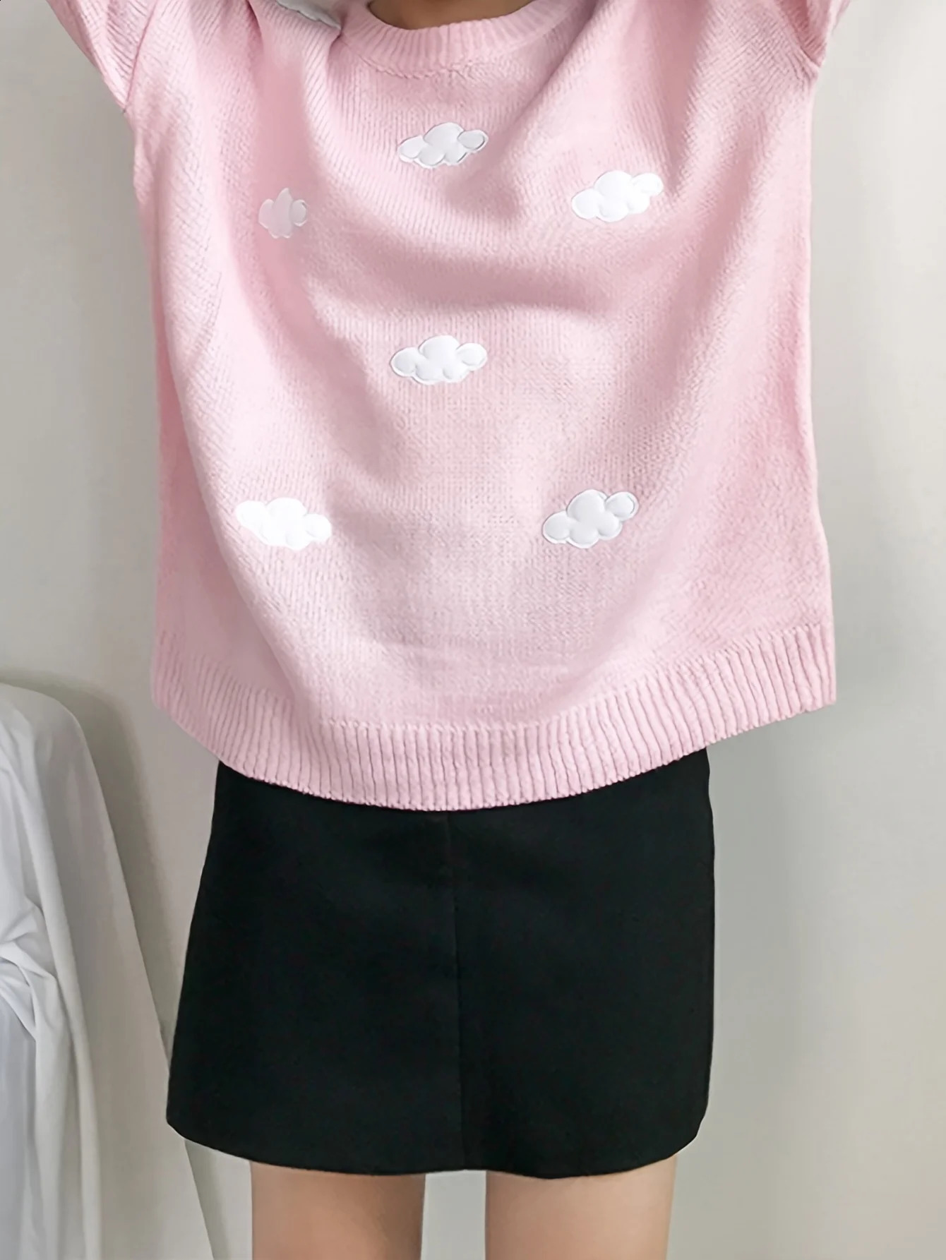 Womens Cute Cloud Embroidered Pullover Knit Sweater Winter Kawaii Preppy Style Crew Neck Knit Sweaters for Female 240812