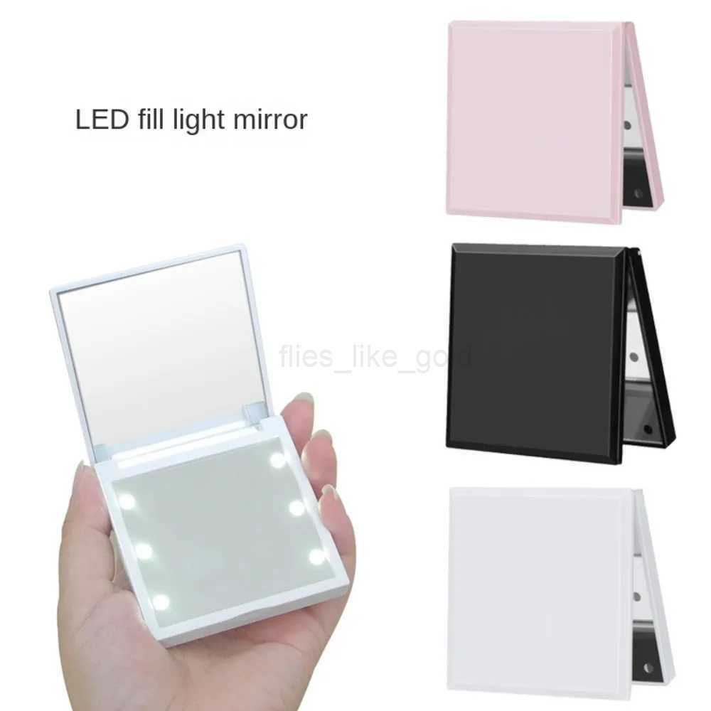 Double sided LED makeup mirror portable square womens makeup mirror with 6 LED lights handheld beauty mini pocket mirror W240813