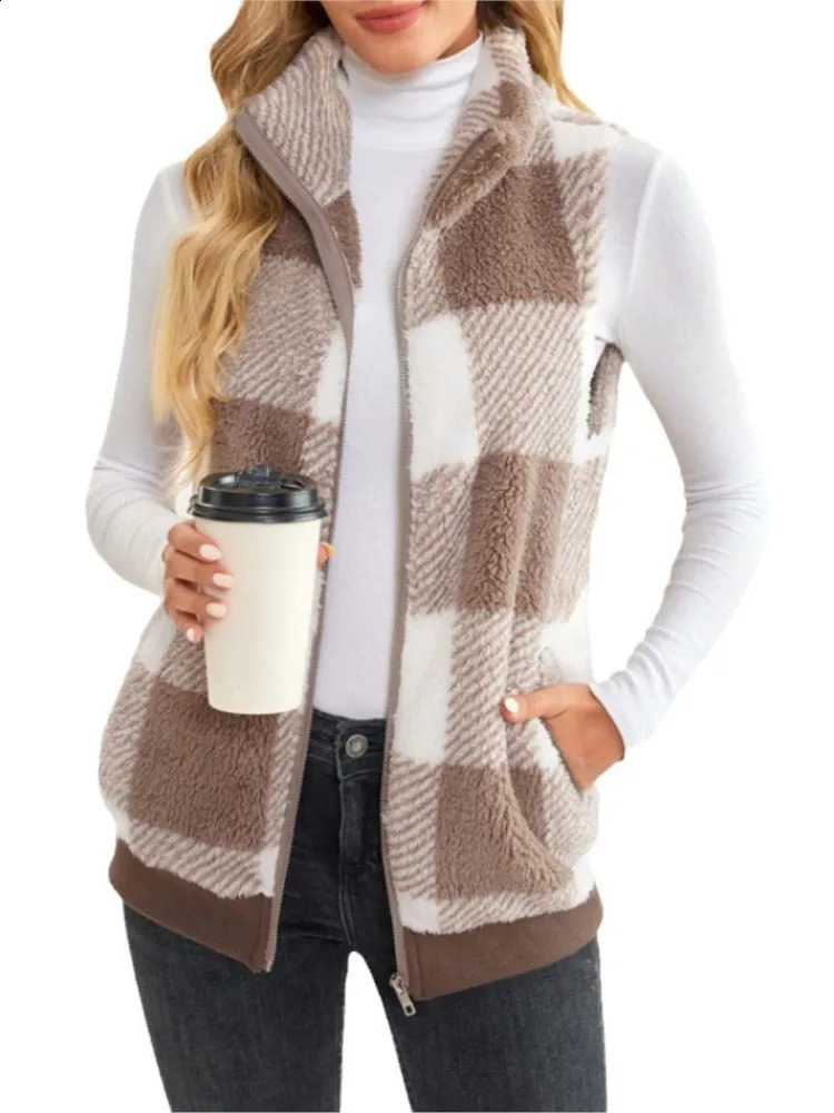 Autumn Winter Plaid Fleece Hoodie Vest Womens Cardigan Fashion Stand Collar Simple Casual Pocket Sleeveless Female Office Coat 240813