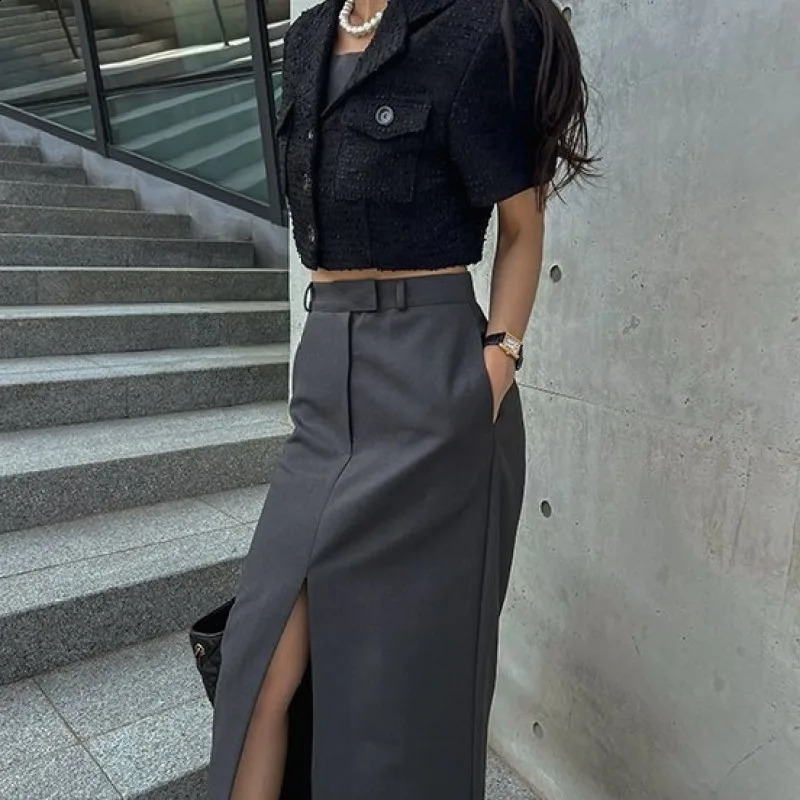 Womens Spring Summer Vintage Short Tweed Blazer Jacket Coat Elegant Crop Top Single Breasted Outerwears Korea Style 240812