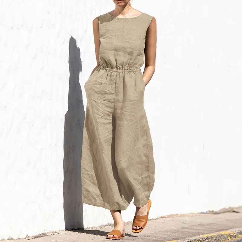 Jumpsuit Women Solid Cotton And Linen Sleeveless Pocket High Waist Wide Legs Jumpsuits Female Casual Commuting Ladies Bodysuits 240813