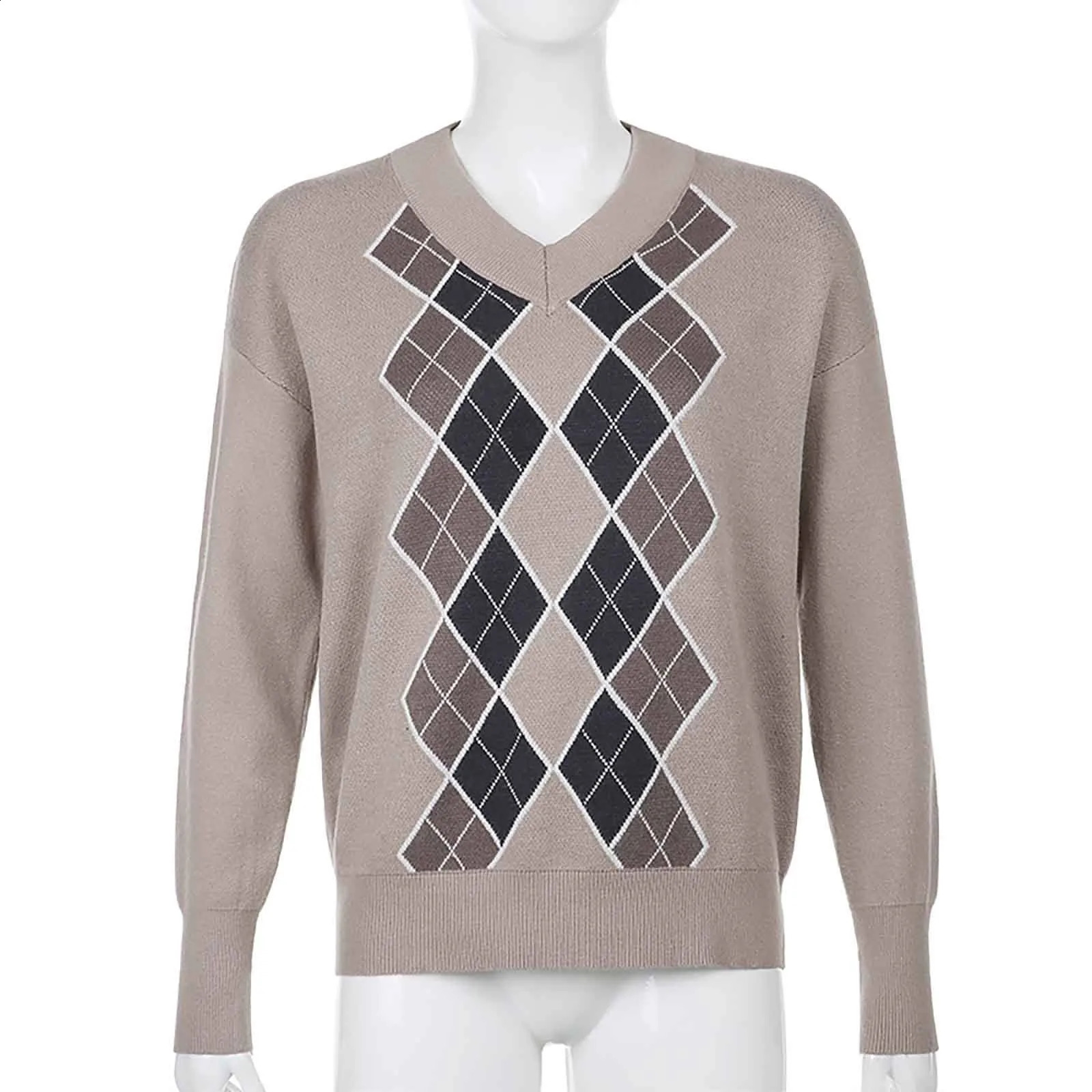 Preppy Style Vintage V Neck Knitted Sweater Women Autumn Winter Casual Argyle Plaid Jumper Female Korean Fashion Pullover Tops 240812