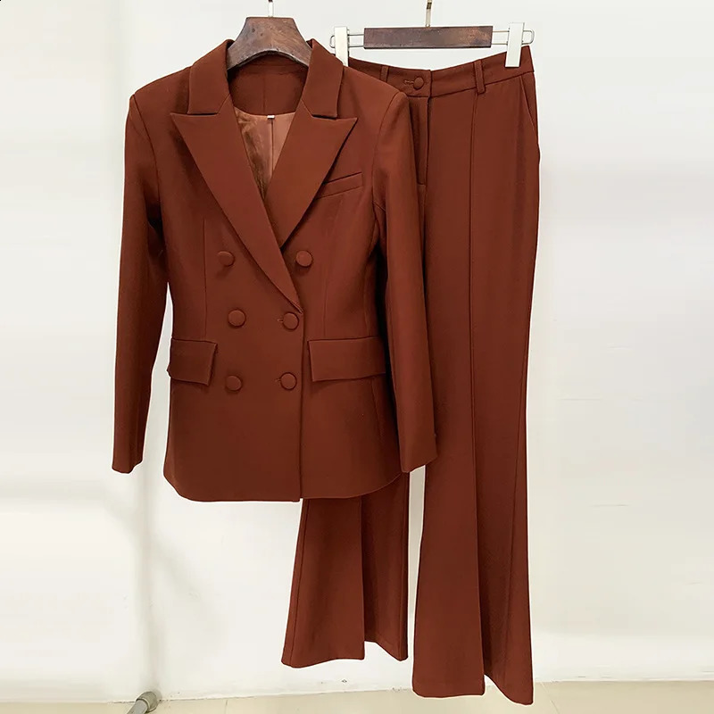 Brown khaki pantyhose womens double chest slim fit office suit business jacket flash pants set twopiece 240812