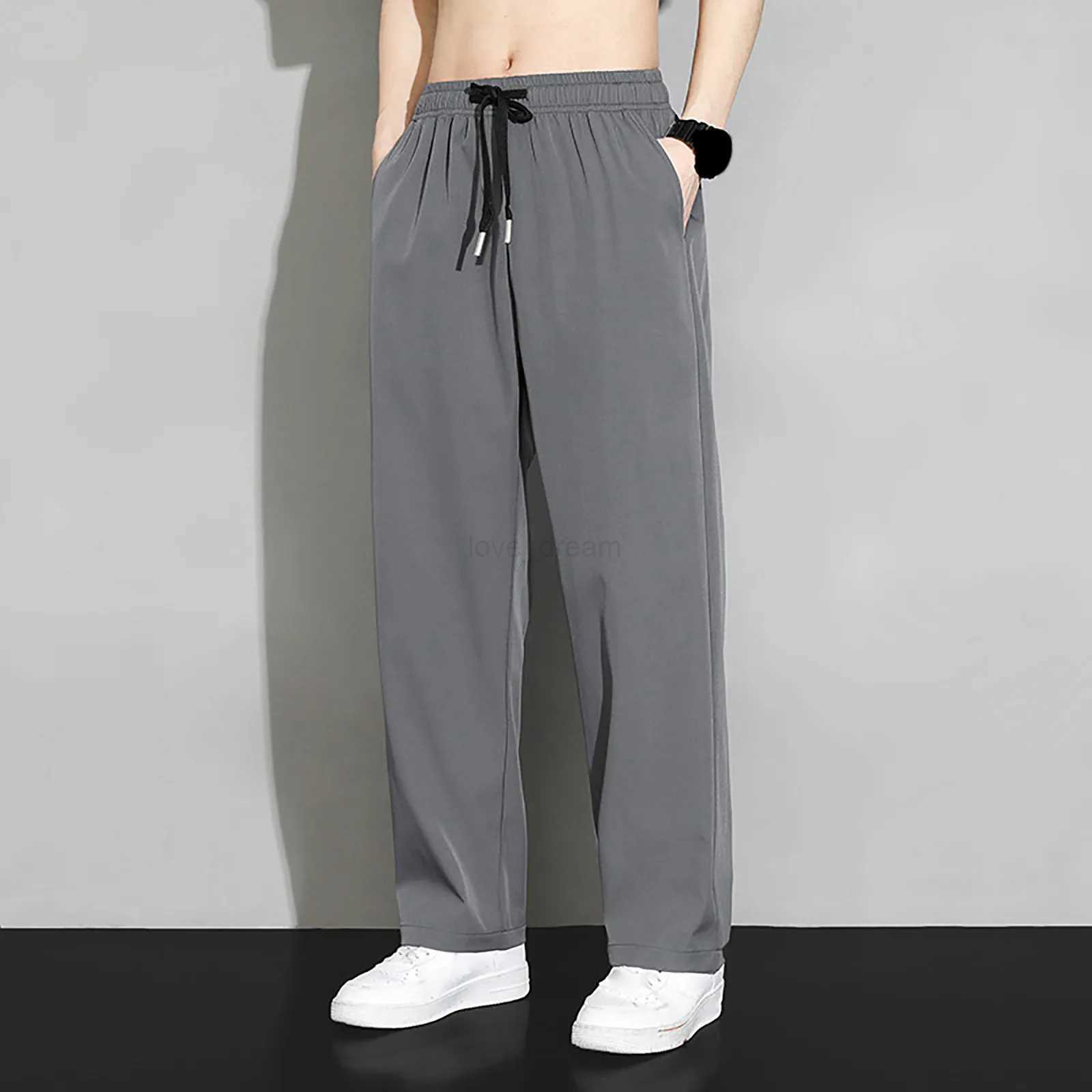 Men Sweatpants Ice Silk Smooth Drawstring Elastic Waist Straight Wide Legs Pockets Men Summer Sports Pants Jogging TrousersXJ240813