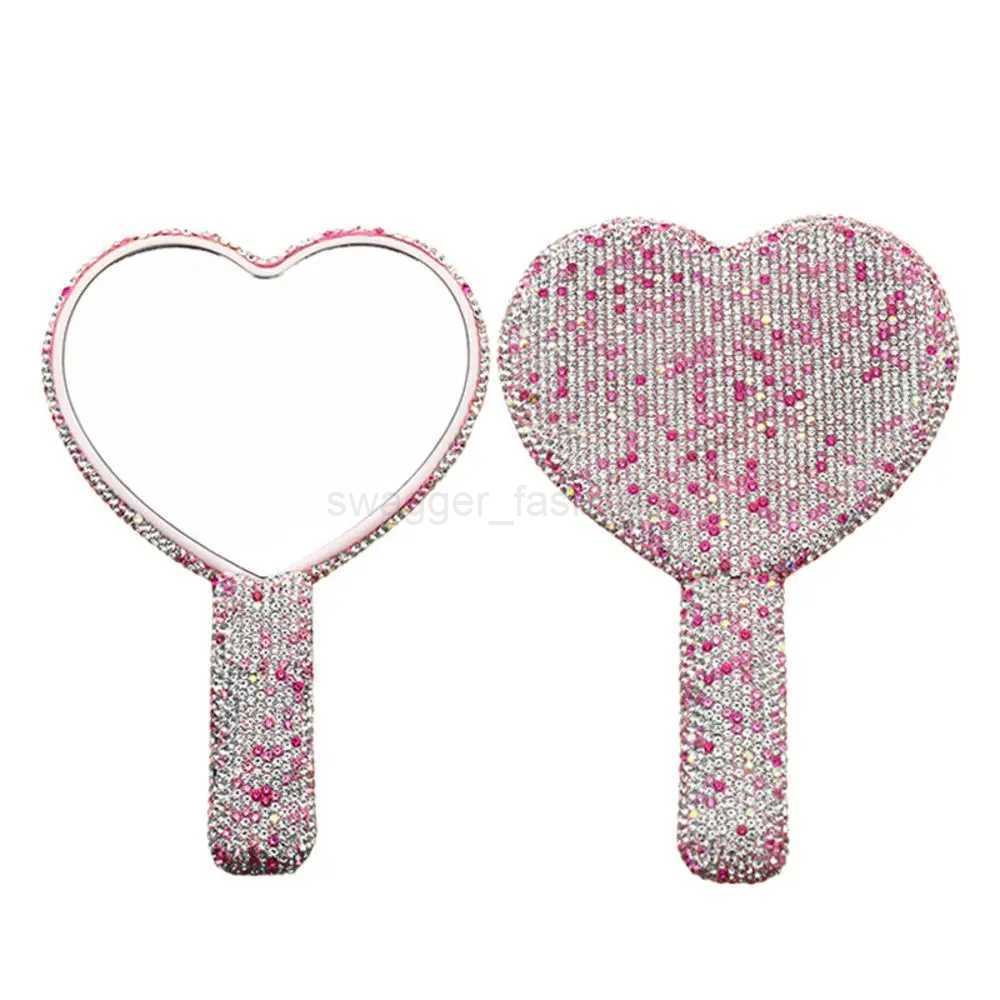 Diamond Handheld Makeup Mirror Love Heart Mirror Female Handle Makeup Cosmetic Beauty Tools Handheld Vanity Make Up MirrorXJ240813