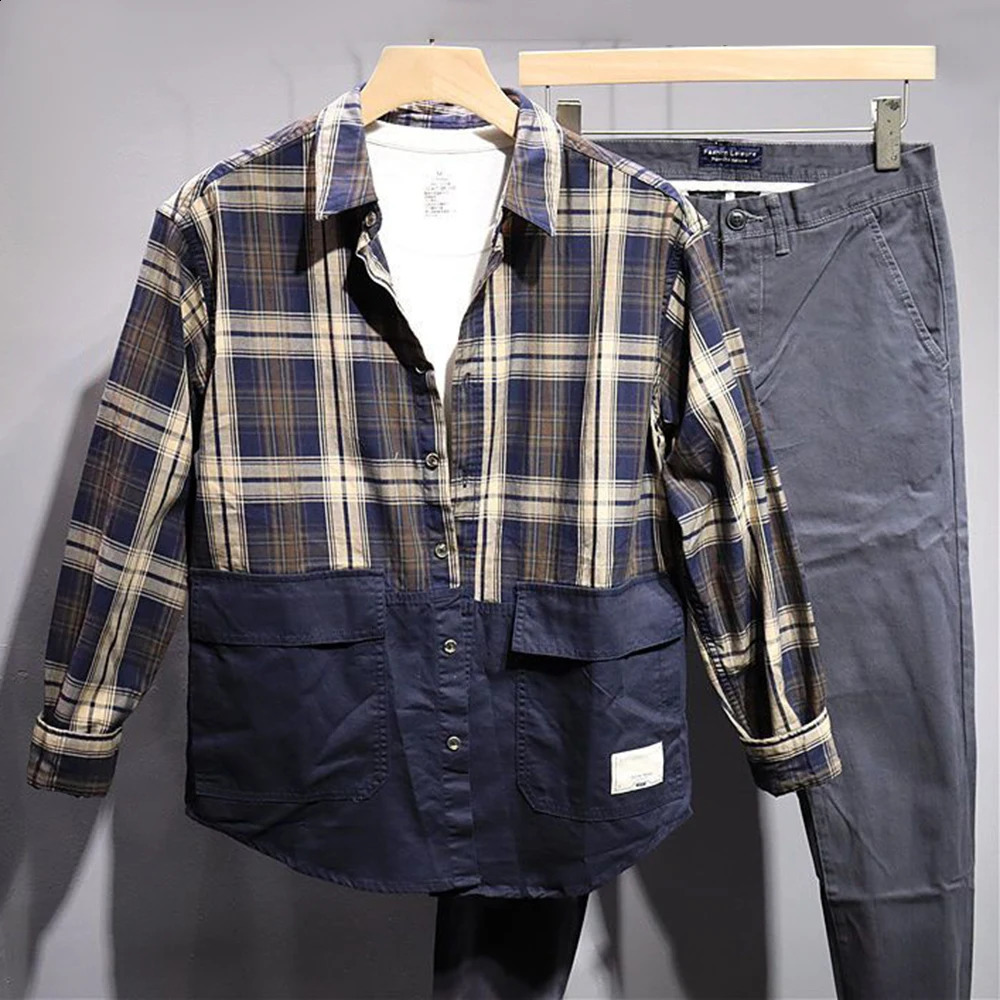 SpringSummer Mens Casual Shirt Retro Japanese Style Simple and Comfortable Splicing Long Sleeve Loose Flat 240812