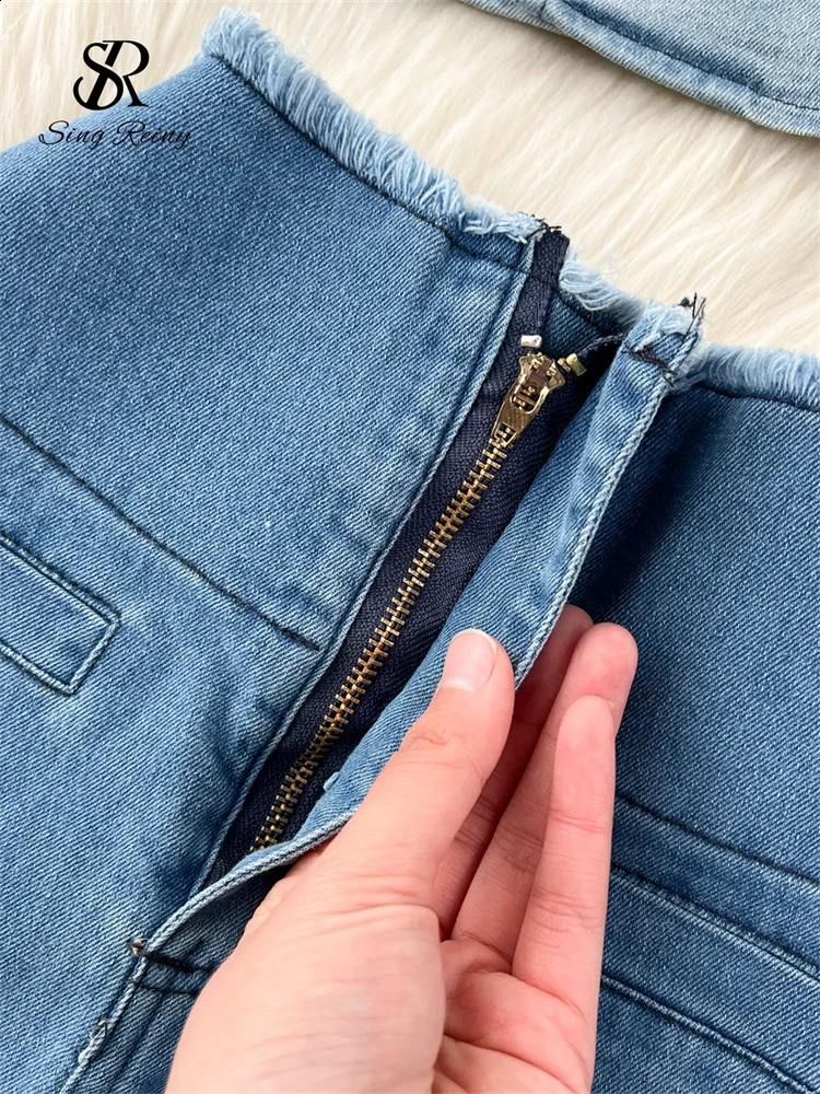 SINGREINY Vintage Denim Sets V-Neck Sleeveless Gradient Short TopsZipper Split Fishtail Skirt 2024 Fashion High Quality Suits 240812