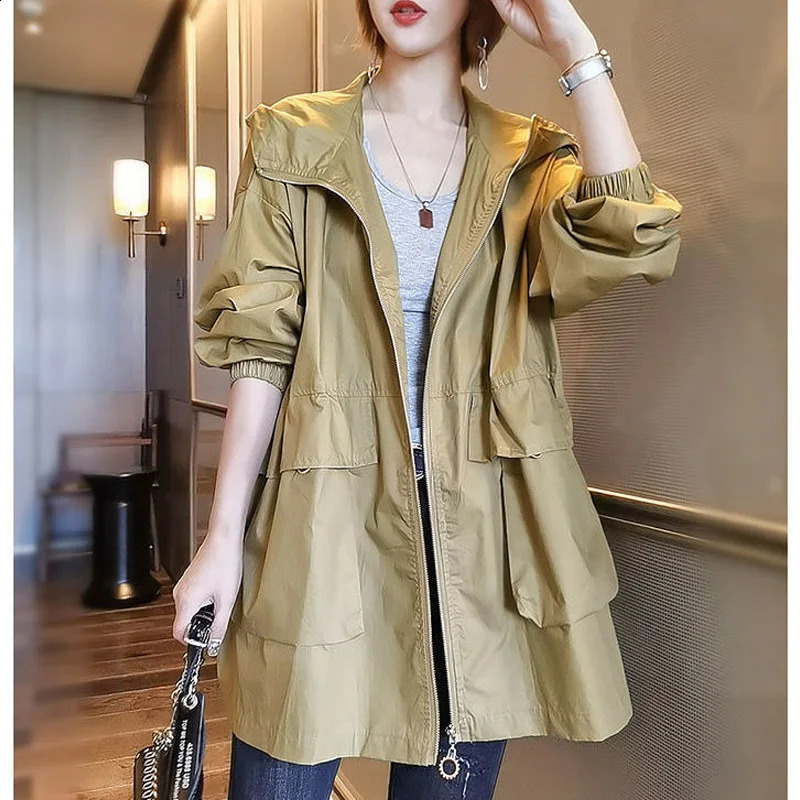 Spring and Autumn Fashion Trend Simple Commuting Loose Relaxed Solid Oversize Versatile Womens Hooded Windbreaker Coat 240813