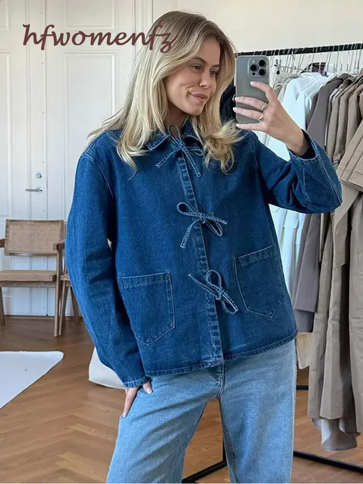 Lace Up Bow Denim Shirt Women Causal Long Sleeve Pocket Turn-down Collar Loose Blouses Top 2024 Spring Solid Office Lady Clothes 240812