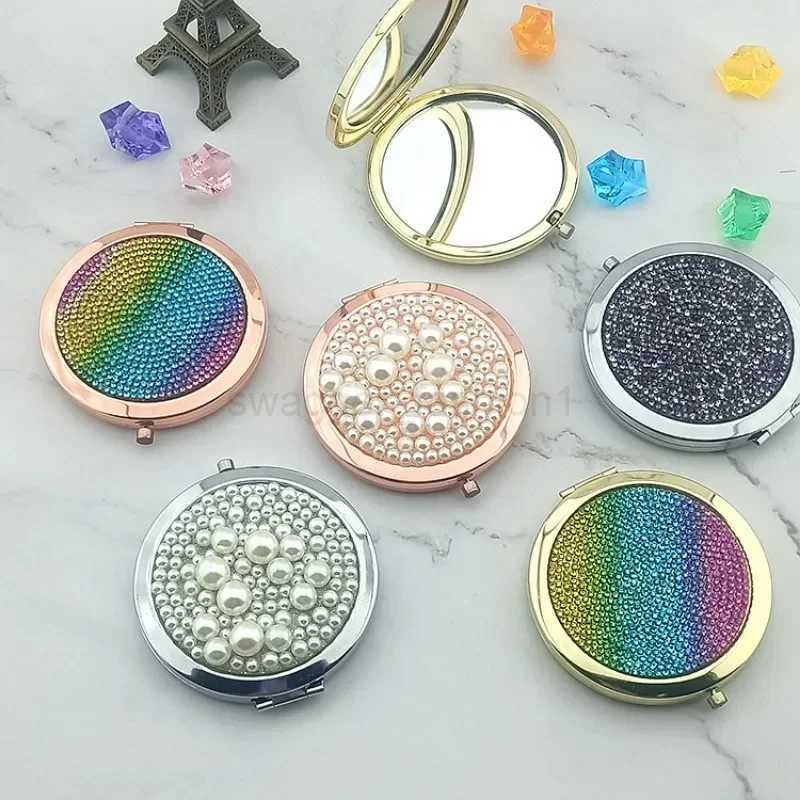Rose Gold Silver Pearl Pocket Mirror Alloy Makeup Mirror Portable Mini Round Folded Compact Mirrors Double Side Makeup MirrorsXJ240813
