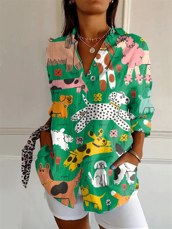 Summer Women Cute Dog Cat Print T Shirt Women Fashion Trend Tops Ladies Casual Short Sleeve Clothing Girls Lapel T Shirt S 240813