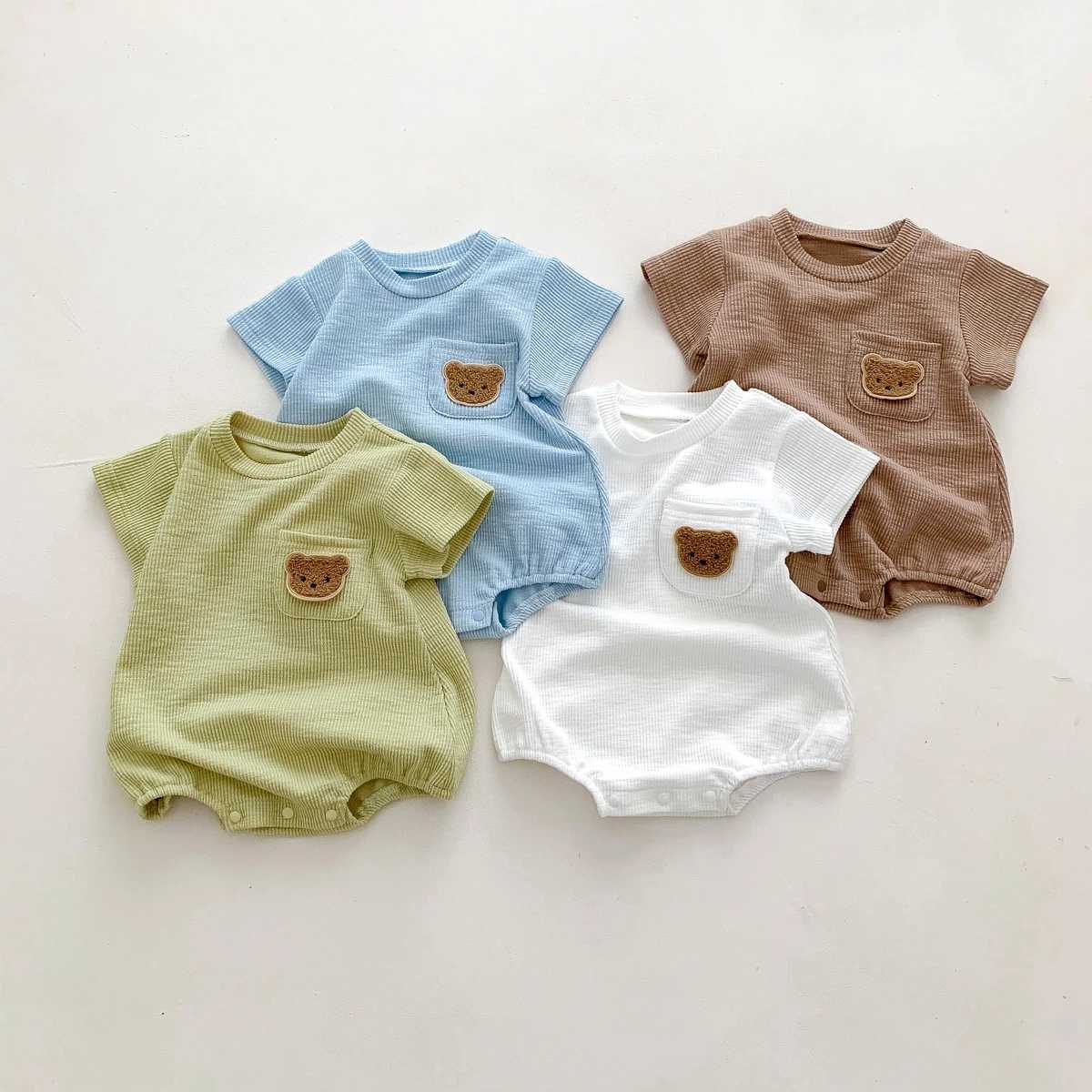 Summer baby clothing newborn jumpsuit boys jumpsuit solid color pocket bear embroidery print 0-2 years W240812