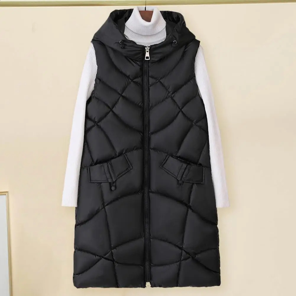 Women Winter Vest Stand Collar Mid Length Sleeveless Hooded Cotton Vest Slim Fit Keep Warm Padded Zipper Winter Cotton Coat 240813
