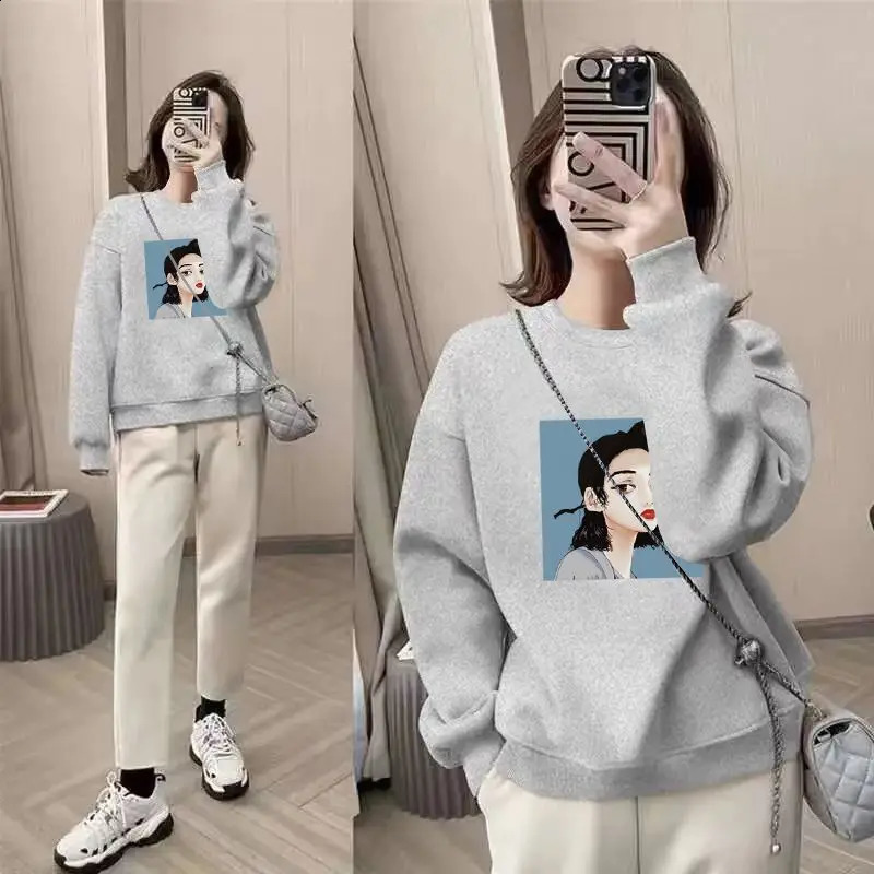 Autumn and Winter Womens Crew Neck Long Sleeved Printed Loose Pullovers Korean All Match Fashion Casual Office Lady Tops 240812