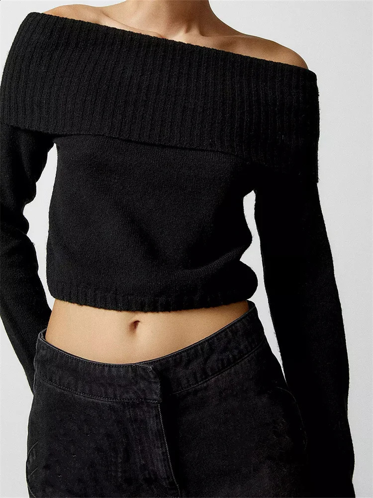CHRONSTYLE Women Spring Fall Knitted Sweaters Tops Solid Color Long Sleeve Off Shoulder Slash Neck Ribbed Slim Knitwear Jumpers 240813
