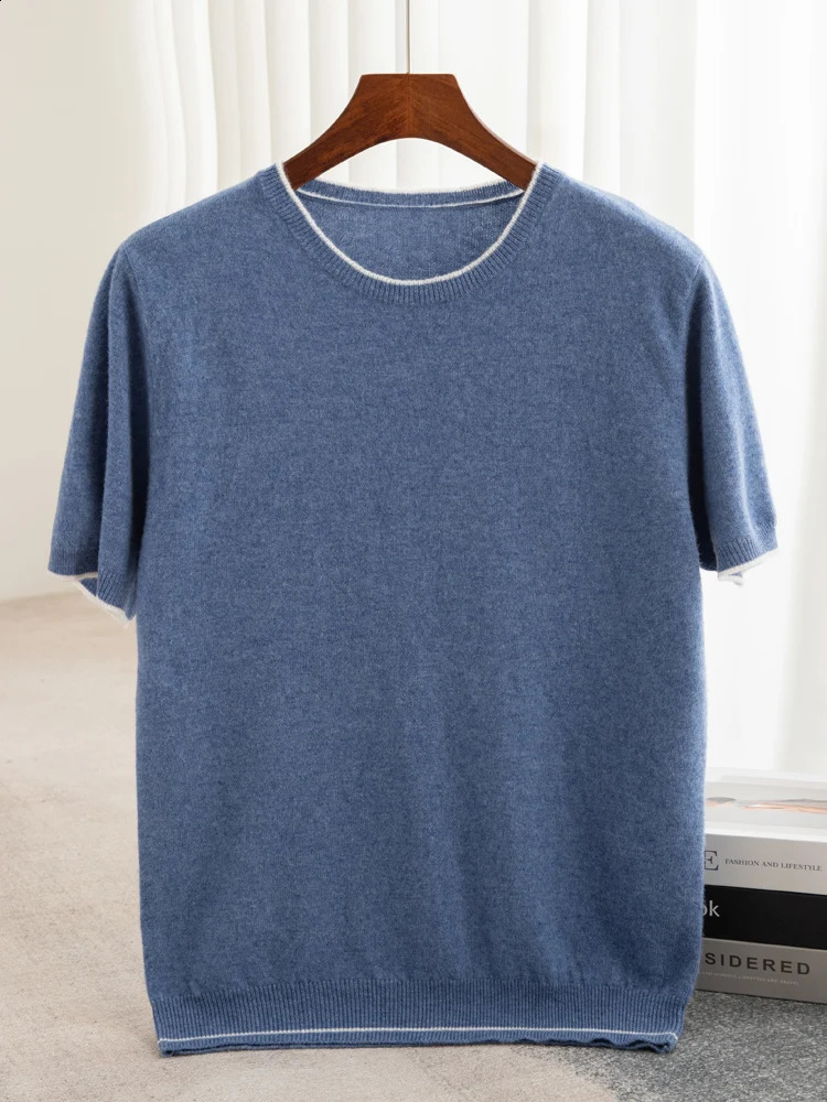 100% Merino wool short sleeved mens round neck floral vest spring and summer solid color knitted half sweater top 240812