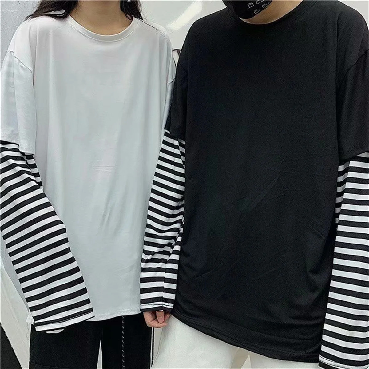 Couple Striped Patchwork T-Shirt Men Women Autumn Tops Boys Solid Long Sleeve T Shirt Fashion Japanese Gothic Japan T Shirt 240812