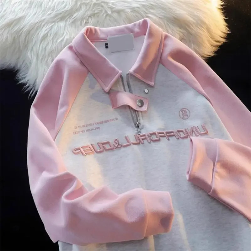 College Style Half Zip Up Hoodie POLO Collar Harajuku Sweatshirt Autumn Contrasting Raglan Sleeves Top Streetwear Women 240812