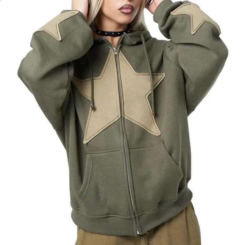 Women y2k Hoodies Coat Spring Autumn Clothes Long Sleeve Star Zip Up Drawstring Hoodie Female Clothing Streetwear 240812