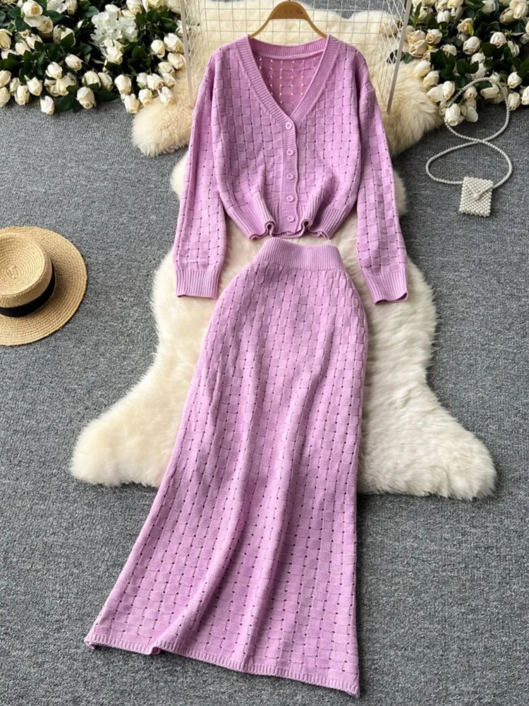 Autumn Hollow Grid Vneck Knitted Skiing Suit Versatile Long Sleeve Open Sweater Womens Midi Two Piece Set 240809