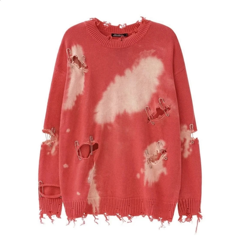 Men Women Harajuku Long Sleeve Tie-Dye Metal Pins Ripped Hole Knitwear Sweater L5YB 240812