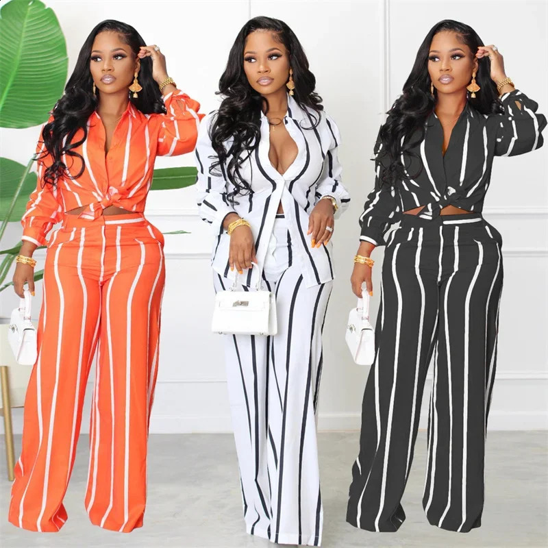 Elegant Fashoin Striped Two Piece Set for Women Long Sleeve Shirt Top and Wide Leg Pants Suits Office Lady Matching Sets Outfits 240813
