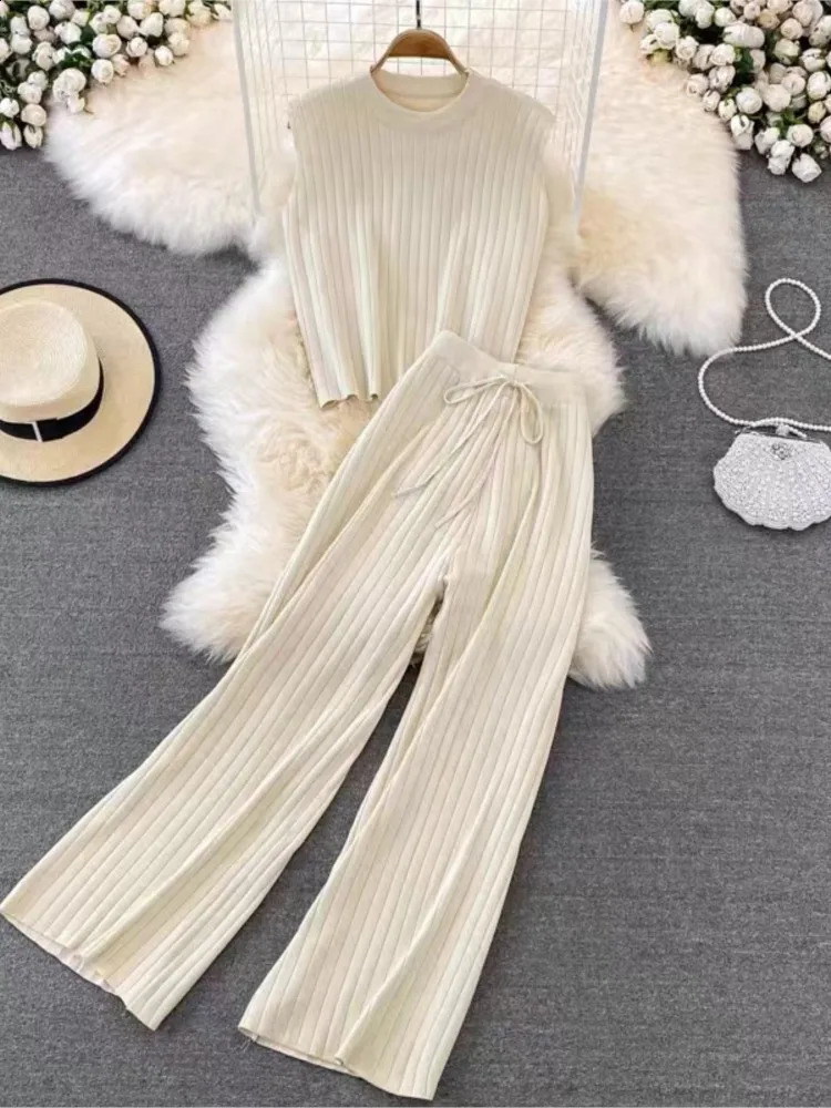 Knitted Autumn 2 Two Piece Set Women Sleeveless Bodycon Modis Ladies Tops High Waist Wide Leg Pants Woman 240813