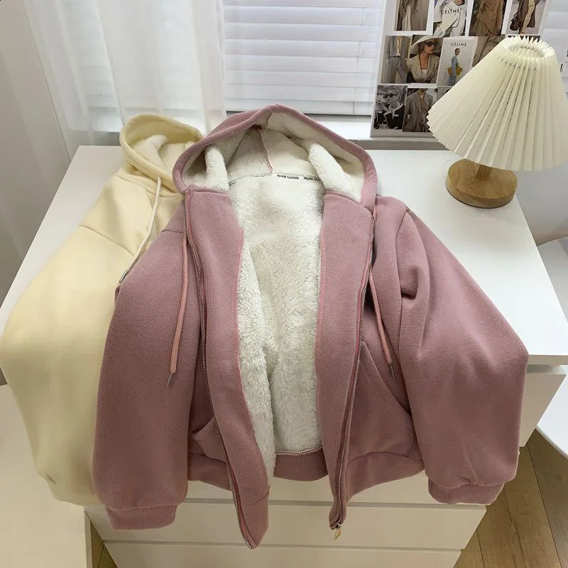 Xpqbb Casual Plus Velvet Hooded Zip-Up Coat Women Long Sleeve Thicken Warm Sweatshirt Women Autumn Winter Fleeced Clothing 240812